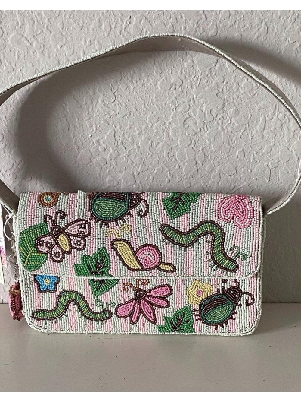 Handcrafted In India Beaded Pink Green Butterfly Caterpillar Snail Shoulder Bag